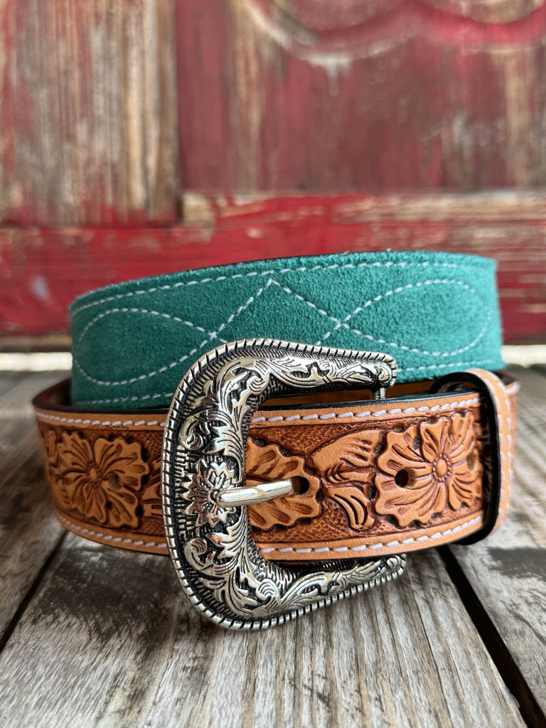 Ladies American Darling turquoise suede tooled leather belt with floral tan overlay and silver engraved buckle, built from full-grain leather that resists wear and finished with reinforced stitching – ADBLF333. Available at Blair’s Western Wear, Marble Falls, TX.