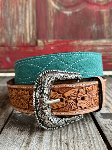 Ladies American Darling turquoise suede tooled leather belt with floral tan overlay and silver engraved buckle, built from full-grain leather that resists wear and finished with reinforced stitching – ADBLF333. Available at Blair’s Western Wear, Marble Falls, TX.