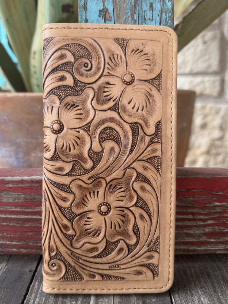 Ladies American Darling Wallet tan Leather Tooled Wallet, hand-tooled floral leather exterior with multiple card slots and snap closure - ADBG1269. Available at Blair's Western Wear, Marble Falls, TX.