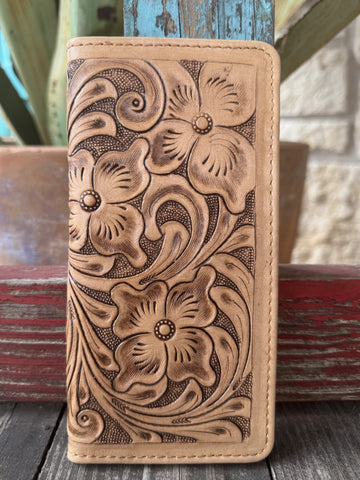 Ladies American Darling Wallet tan Leather Tooled Wallet, hand-tooled floral leather exterior with multiple card slots and snap closure - ADBG1269. Available at Blair's Western Wear, Marble Falls, TX.