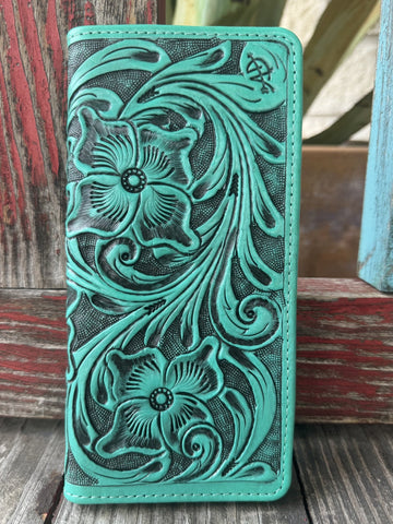 Ladies American Darling Wallet in a turquoise Leather Tooled Wallet, hand-tooled floral leather exterior with multiple card slots and snap closure - ADBG1269G. Available at Blair's Western Wear, Marble Falls, TX.