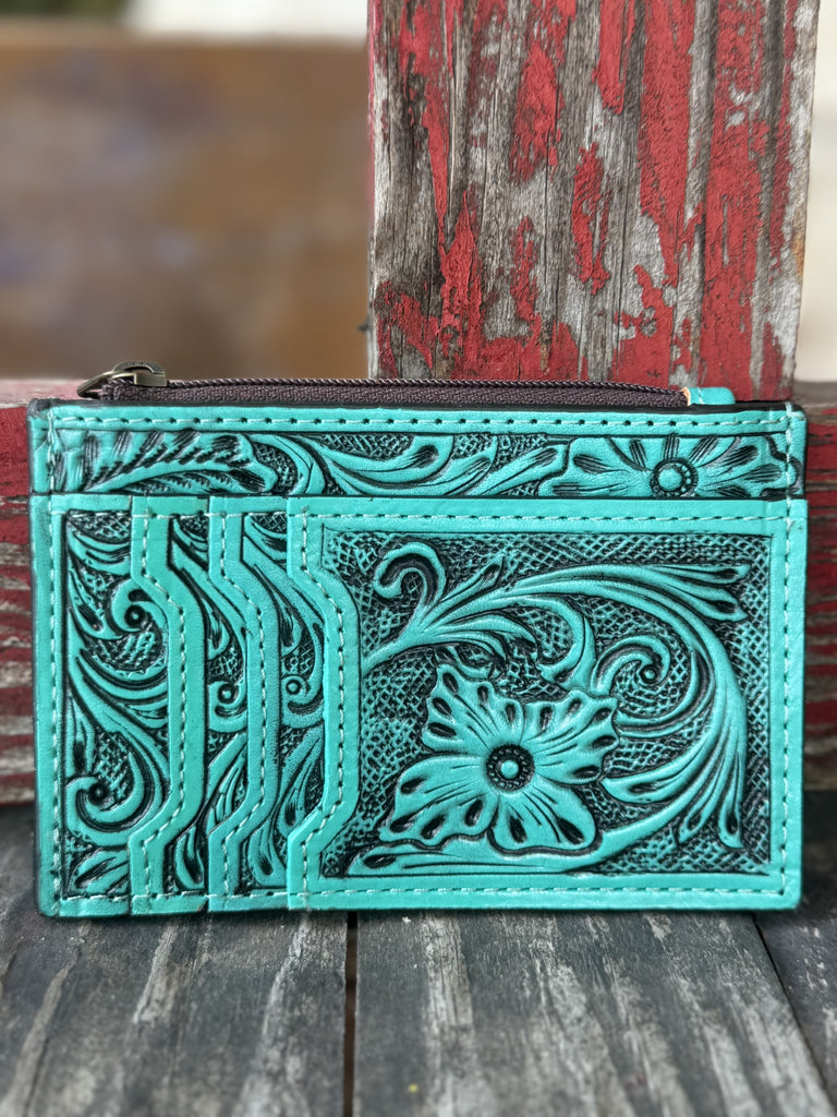  Ladies American Darling Wallet Light Brown Tooled Leather Cardholder in floral and basketweave embossed leather, with card slots for convenience and a secure zip pouch - ADBG1506F. Available at Blair's Western Wear, Marble Falls, TX.