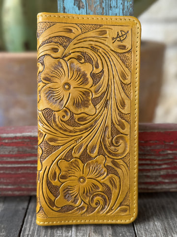 Ladies American Darling Wallet Yellow Leather Tooled Wallet in mustard yellow, hand-tooled floral leather exterior with multiple card slots and snap closure - ADBG1269. Available at Blair's Western Wear, Marble Falls, TX.