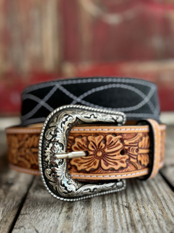 Ladies American Darling Western Suede & Tooled Leather Belt in black with tan floral overlay and engraved silver buckle — crafted with full-grain leather and removable buckle — ADBLF335. Available at Blair's Western Wear, Marble Falls, TX.