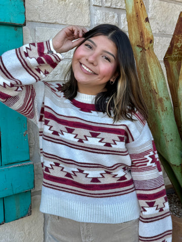 This Ariat Aztec Sweater blends cozy warmth with bold southwestern style. Featuring a soft knit fabric, rich wine-and-tan Aztec pattern, and classic crew neckline, it’s the perfect throw-on piece for cool days and effortless western flair. Available at BLAIR'S Western Wear located in Marble Falls TX. 