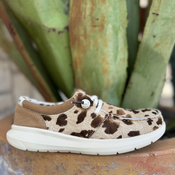 Ladies Ariat Casual Shoe with cowhide pattern in off-white and brown, featuring a full-grain leather upper and FLX Foam™ sole – 10061345. Available at Blair's Western Wear, Marble Falls, TX.
