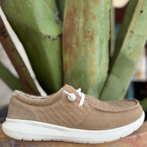 Ladies Ariat Casuals Tan Woven Emboss Hilo with full-grain leather and suede upper, featuring open cell cushioning insole and FLX Foam™ sole – 10061344. Available at Blair's Western Wear, Marble Falls, TX.