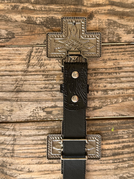 Black genuine leather belt with deep floral tooling and oversized cross-shaped silver conchos featuring Aztec-inspired engraving, a beaded rope border, and a diamond center stone. A bold western statement piece for any occasion.

Available at Blair's Western Wear, Marble Falls, TX