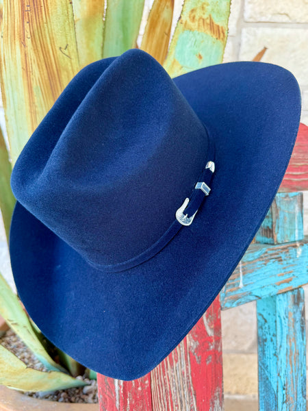 Ladies Bailey Western Hat Lightning 4X in Peacoat Navy, made from a durable wool/angora blend, featuring a 4-inch brim and silver-tone buckle detail – W0604AP. Available at Blair’s Western Wear, Marble Falls, TX.