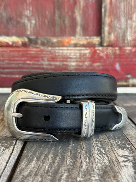 Sleek black leather belt with clean topstitching along both edges, finished with a coordinated silver 3-piece buckle set — engraved buckle, keeper, and tip — for a polished, fully finished Western look. Classic, versatile, and sharp enough for any occasion. Shop at Blair's Western Wear — blairswesternwear.com.