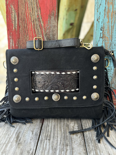 Ladies Black Leather Purse with Fringe and Tooled Leather Inlay in black, rich black suede front with tooled leather inlay framed by silver studs, with adjustable crossbody strap and fringe accents - ADBGA906. Available at Blair's Western Wear, Marble Falls, TX.