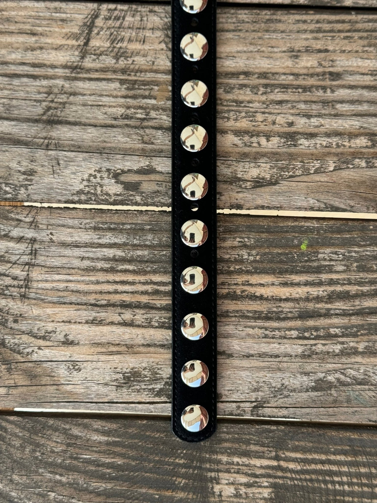 A sleek black leather skinny belt lined with a single row of polished dome silver studs — effortlessly edgy, endlessly versatile. The silver buckle ties it all together for a look that moves from casual to country-chic without missing a beat.