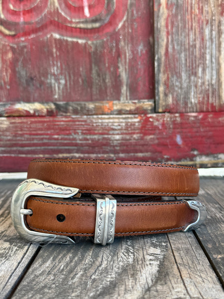 Women’s Nocona Leather Western Belt Magnolia in Peanut, crafted from genuine leather that develops character over time while maintaining durability for everyday wear, with engraved silver-tone Western buckle set for a classic ranch-inspired look - VB10003. Available at Blair's Western Wear, Marble Falls, TX.