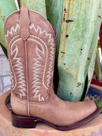 Ladies Circle G distressed leather western boot with snip toe in light brown, featuring white decorative stitching and leather sole with rubber heel cap - L6330. Available at Blair's Western Wear, Marble Falls, TX.