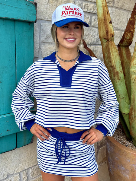 Ladies EEsome rib‑knit striped two‑piece short set in royal blue & white, featuring soft stretch rib knit fabric and drawstring high‑waist skirt with fold‑over collar crop top – TH12126. Available at Blair's Western Wear, Marble Falls, TX.