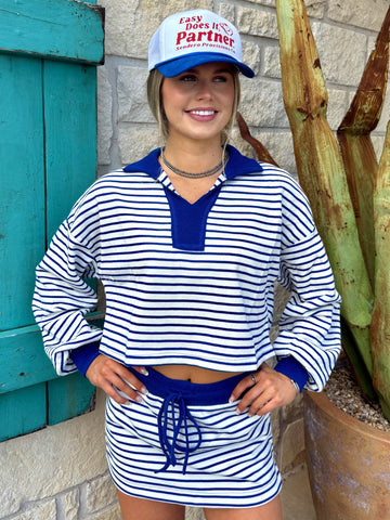 Ladies EEsome rib‑knit striped two‑piece short set in royal blue & white, featuring soft stretch rib knit fabric and drawstring high‑waist skirt with fold‑over collar crop top – TH12126. Available at Blair's Western Wear, Marble Falls, TX.
