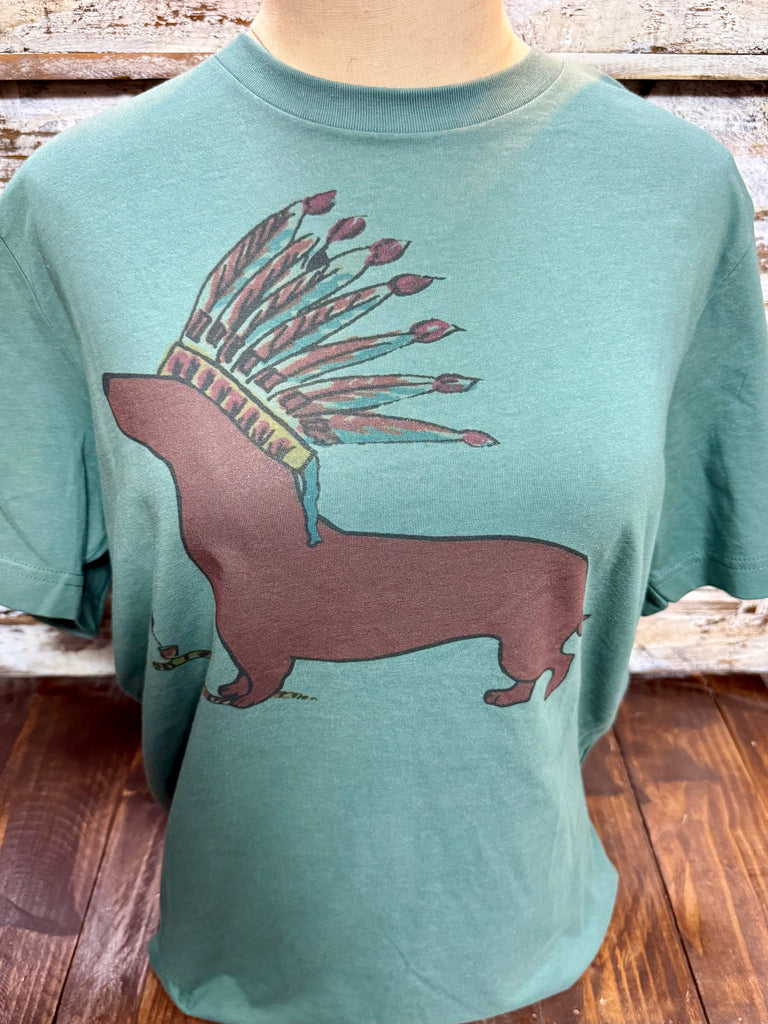 Ladies Emily Laurence short sleeve graphic tee featuring a dachshund Weenie Warrior design in sage green, soft cotton-blend fabric for all-day comfort, with a classic crew neck fit - WARRIOR WEENIE. Available at Blair's Western Wear, Marble Falls, TX.
