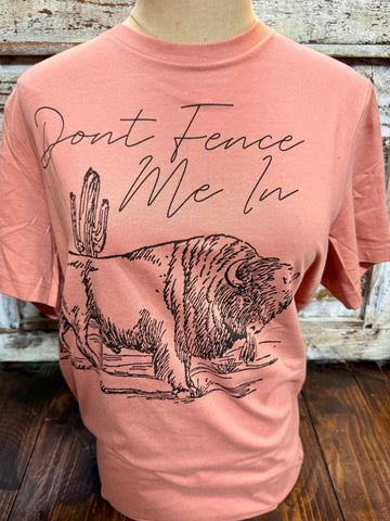 Ladies Emily Laurence short sleeve graphic tee in terra cotta, soft cotton-blend fabric for comfortable everyday wear, with Western bison and cactus “Don’t Fence Me In” graphic and relaxed crew neckline – DONT FENCE ME IN. Available at Blair's Western Wear, Marble Falls, TX.