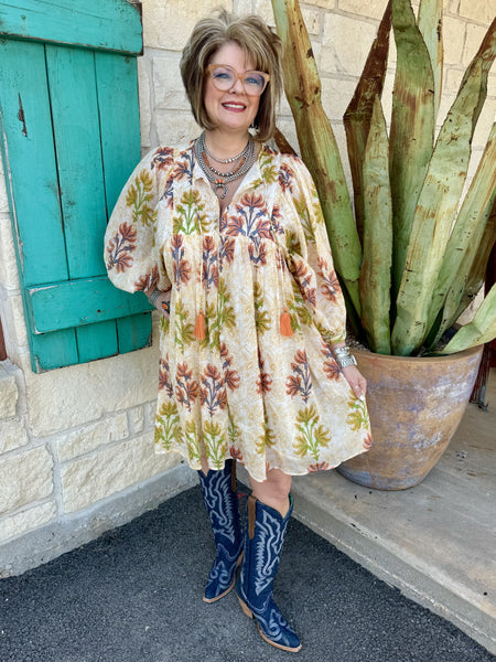 Ladies Ivy Jane Dress - Gold, Orange & Dusty Blue Breezy Block Print Dress with flowy babydoll silhouette and tassel tie neckline - 75692. Available at Blair's Western Wear, Marble Falls, TX.