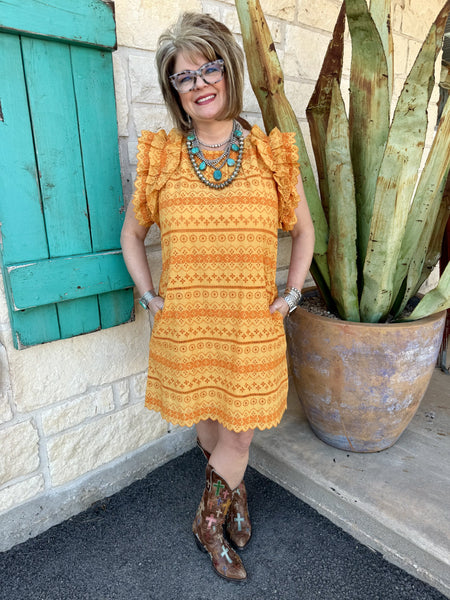 Ladies Ivy Jane Dress in warm amber with intricate cord embroidery, featuring a relaxed fit and versatile styling – 75701. Available at Blair's Western Wear, Marble Falls, TX.