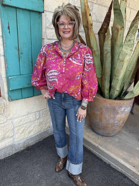 Ladies Ivy Jane Top in hot pink, navy, and orange, featuring a quarter button-up front and billowy sleeves with gathered cuffs – 650394. Available at Blair's Western Wear, Marble Falls, TX.