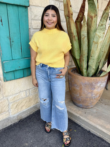 Ladies Light Wash Wide Leg Jeans in distressed denim, high-rise fit with raw edge hem and relaxed silhouette - F6001. Available at Blair's Western Wear, Marble Falls, TX.