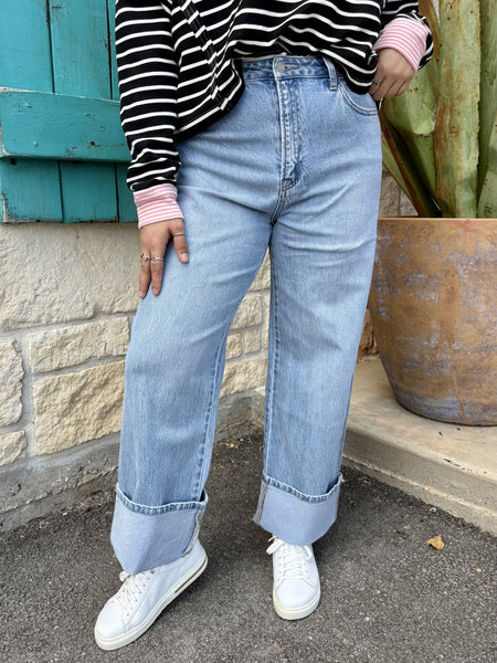 Ladies Vervet Jeans wide leg cuffed denim in light wash, flattering high-rise fit with relaxed wide leg silhouette and functional pockets – T6513. Available at Blair's Western Wear, Marble Falls, TX.