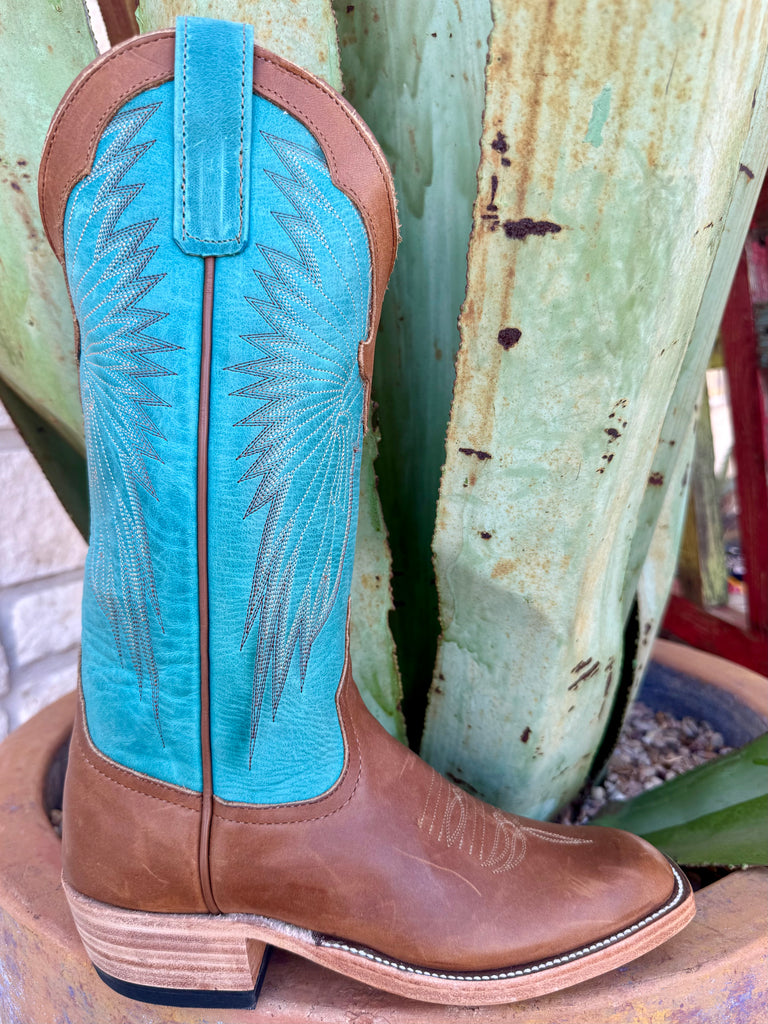 Ladies Macie Bean snip toe leather Western boot in turquoise and brown, featuring a durable full-grain leather foot and a stitched turquoise shaft – 360178. Available at Blair's Western Wear, Marble Falls, TX.