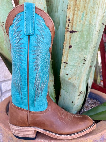 Ladies Macie Bean snip toe leather Western boot in turquoise and brown, featuring a durable full-grain leather foot and a stitched turquoise shaft – 360178. Available at Blair's Western Wear, Marble Falls, TX.