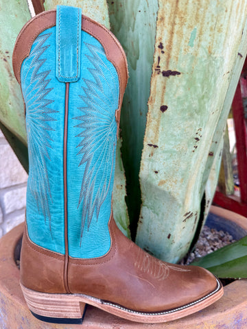 Ladies Macie Bean snip toe leather Western boot in turquoise and brown, featuring a durable full-grain leather foot and a stitched turquoise shaft – 360178. Available at Blair's Western Wear, Marble Falls, TX.