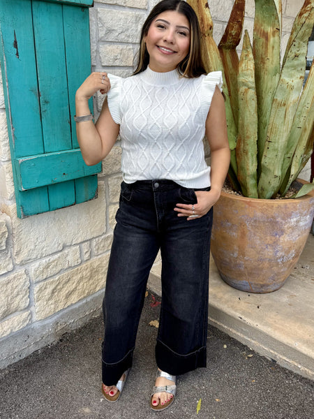 Ladies Pant Black Wide Leg Denim Pants in washed black, high-waisted fit with cuffed wide leg hem - T6515BK. Available at Blair's Western Wear, Marble Falls, TX.