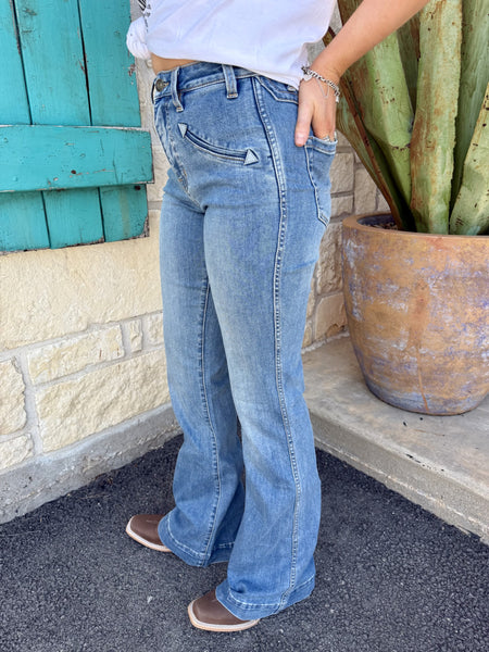 Ladies Rock & Roll Denim Jeans in classic blue, featuring a flattering fit with durable fabric - BW5HD06061. Available at Blair's Western Wear, Marble Falls, TX.

