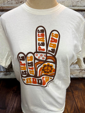 Ladies Rodeo Hippie short sleeve graphic tee in natural, soft breathable cotton-blend fabric for all-day comfort, with retro Peace Cowboy hand graphic in warm brown and rust tones – PEACE COWBOY. Available at Blair's Western Wear, Marble Falls, TX.