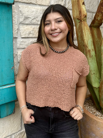 Ladies Top Knit Cropped Sweater, lightweight open-knit fabric with soft texture for comfort and cap sleeves for ease – HF25E648T. Available at Blair's Western Wear, Marble Falls, TX.