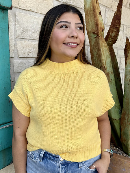 Ladies Yellow Knit Cap Sleeve Sweater Top in soft yellow, lightweight breathable knit with ribbed hem and modern cap sleeves - SK11409. Available at Blair's Western Wear, Marble Falls, TX.