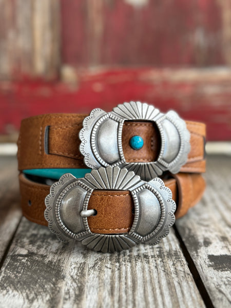 Ladies Trenditions Western Concho Belt in tan leather, featuring silver-tone stamped conchos with turquoise stone centers, adjustable fit, and stitched edges – 2510360245. Available at Blair’s Western Wear, Marble Falls, TX.