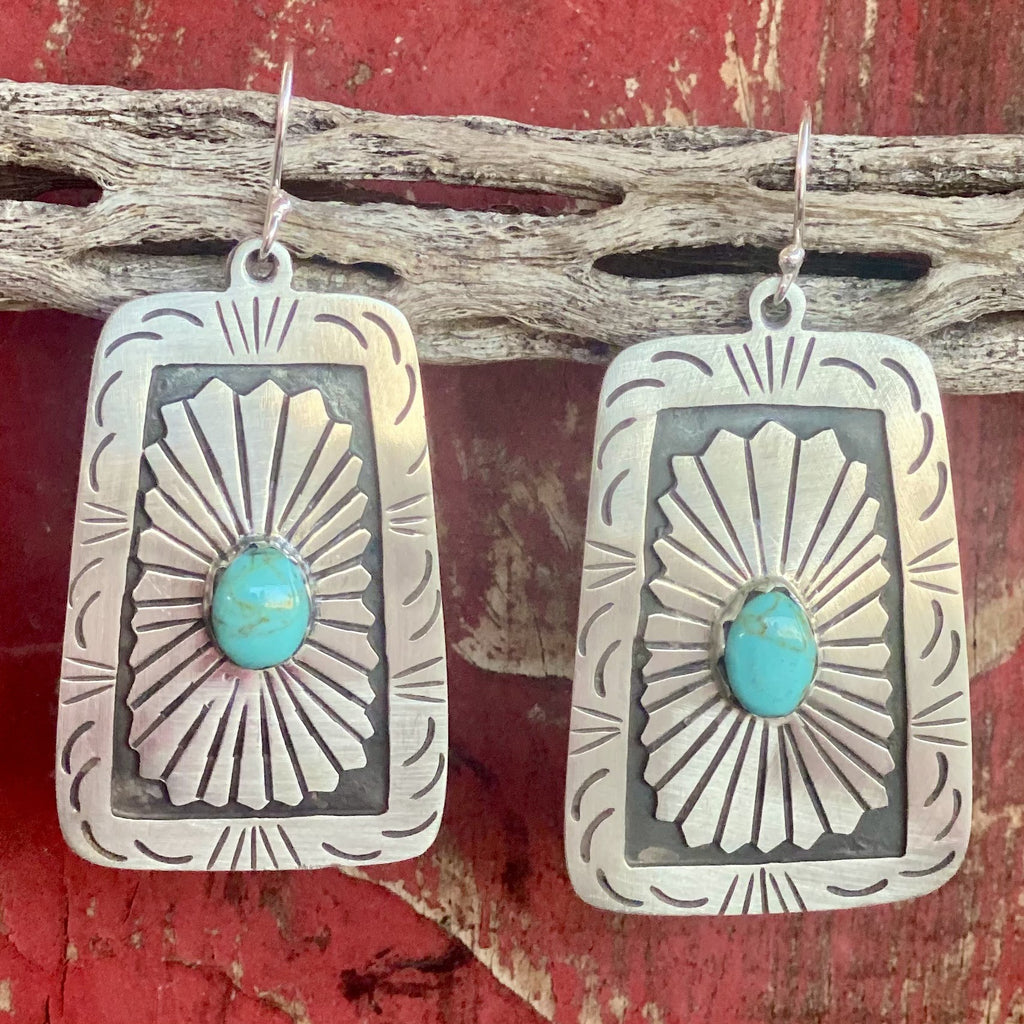 Large Concho Stamp Earrings with Turquoise - T1435 - BLAIR'S Western Wear located in Marble Falls TX 