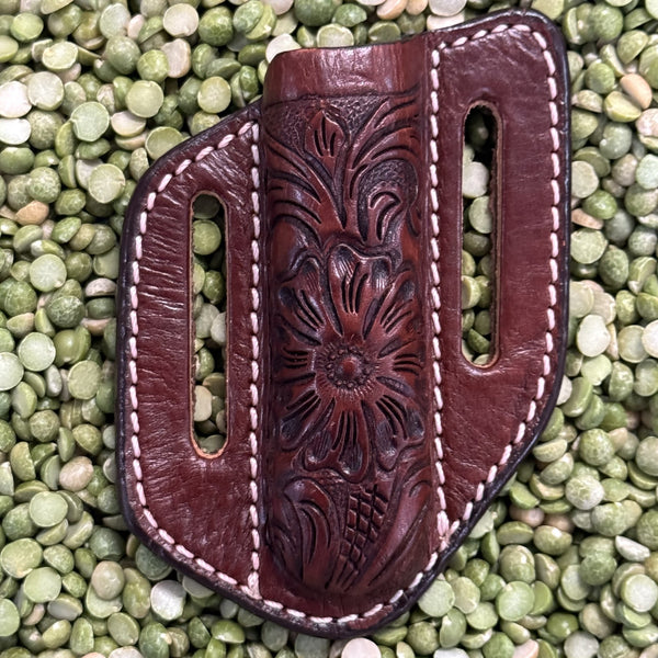 Leather Sheath Brown Tooled Knife Holder in rich brown, made from genuine leather with floral tooling, with dual belt slots for secure carrying - KS128. Available at Blair's Western Wear, Marble Falls,