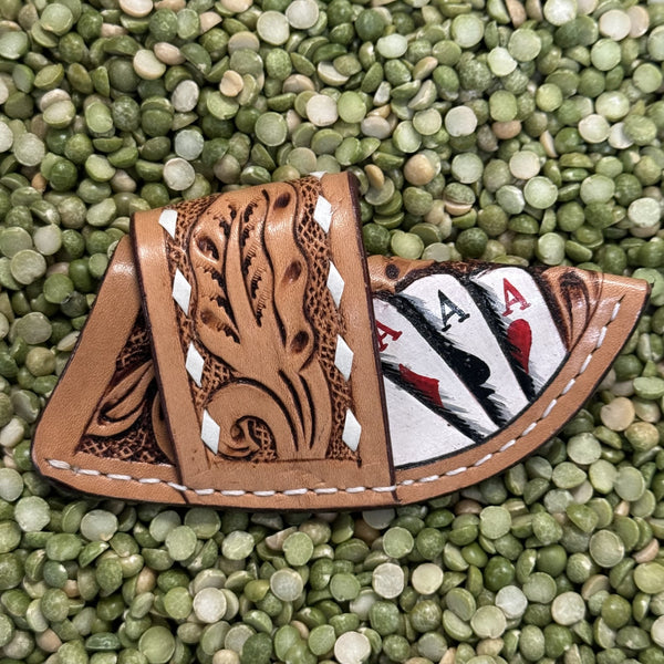 Leather Sheath Tan Ace of Spades Knife Sheath in brown and white, hand-tooled floral detailing with painted ace card design, with decorative lacing for style and durability - 29RS68C. Available at Blair's Western Wear, Marble Falls, TX.