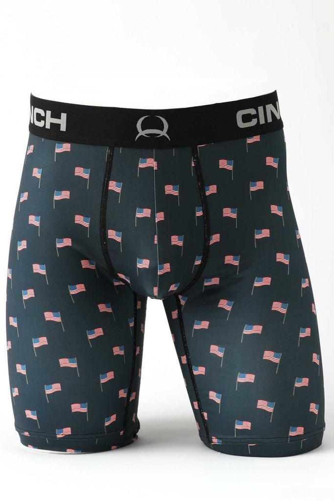 Men’s Cinch boxer briefs in navy with American flag print, lightweight moisture-wicking fabric with flatlock seams – MXY6001029. Available at Blair's Western Wear, Marble Falls, TX