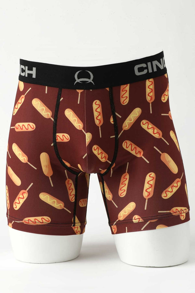  Men’s Cinch boxer briefs in brown with corn dog print, lightweight breathable fabric with moisture-wicking and contour pouch – MXY6002034. Available at Blair's Western Wear, Marble Falls, TX.