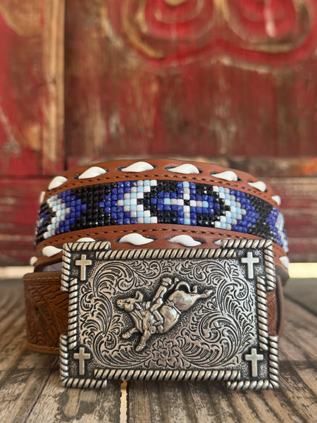 Kids' M & F Western Belt in brown, featuring a vibrant beaded cross inlay and richly embossed leather, secured with an antique silver buckle - D120003327. Available at Blair's Western Wear, Marble Falls, TX.