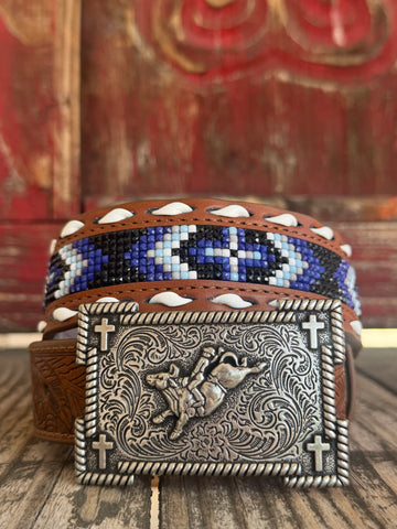 Kids' M & F Western Belt in brown, featuring a vibrant beaded cross inlay and richly embossed leather, secured with an antique silver buckle - D120003327. Available at Blair's Western Wear, Marble Falls, TX.