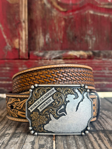 M & F Western Leather Belt in brown, featuring detailed craftsmanship with ornate silver-tone buckle - D1200044221. Available at Blair's Western Wear, Marble Falls, TX.