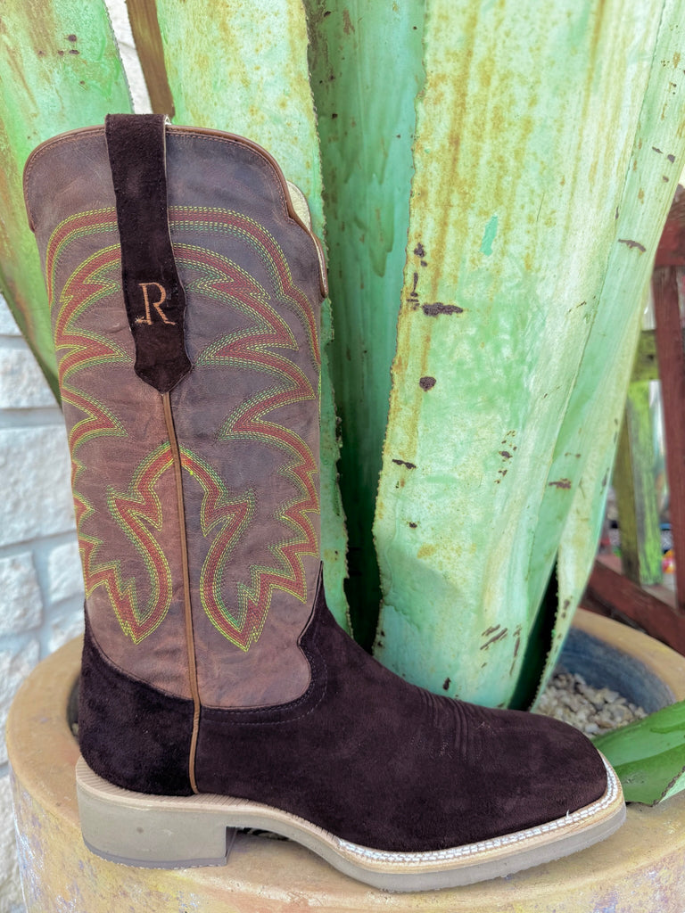Men’s R. Watson Western roughout deer leather boot with tan goat shaft, wide square toe for comfort, and crepe sole for cushioning – RW7305-2. Available at Blair’s Western Wear, Marble Falls, TX.
