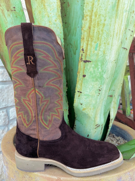 Men’s R. Watson Western roughout deer leather boot with tan goat shaft, wide square toe for comfort, and crepe sole for cushioning – RW7305-2. Available at Blair’s Western Wear, Marble Falls, TX.