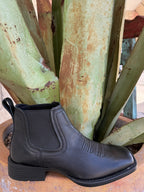 Men's black full-grain leather ankle boot with square toe, stretch side panels, reinforced pull tabs, and lightweight rubber outsole — Blair's Western Wear Marble Falls TX