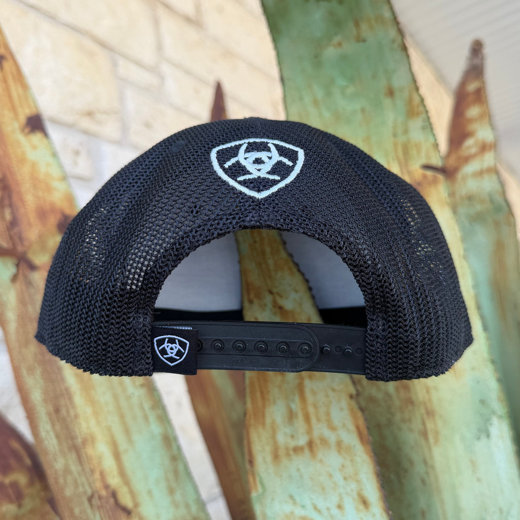 Black mesh trucker hat with a white shield logo on the front and back strap