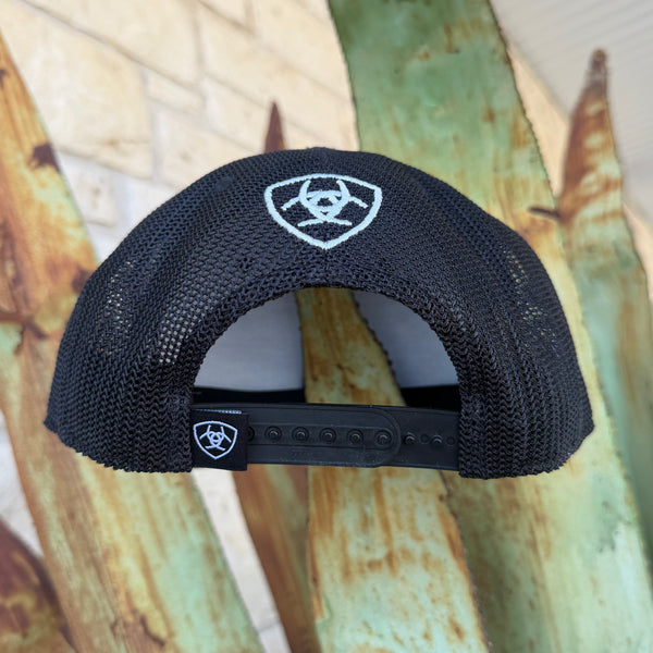 Black mesh trucker hat with a white shield logo on the front and back strap