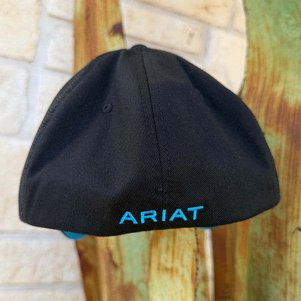 A black cap with the word 'ARIAT' embroidered in bright blue 